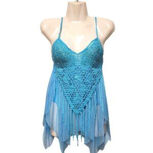 Blue Bellydance Top Sequin Tank Top Spaghetti Strap Top Tunic Size XS or S